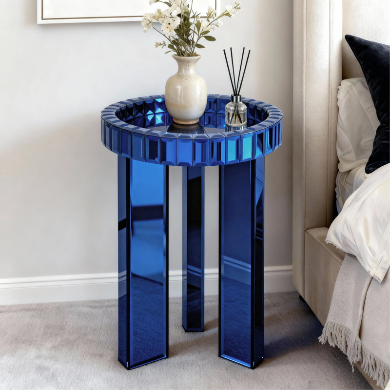 Amla  23'' Round Glass Living Room End Table Tray Top, Blue