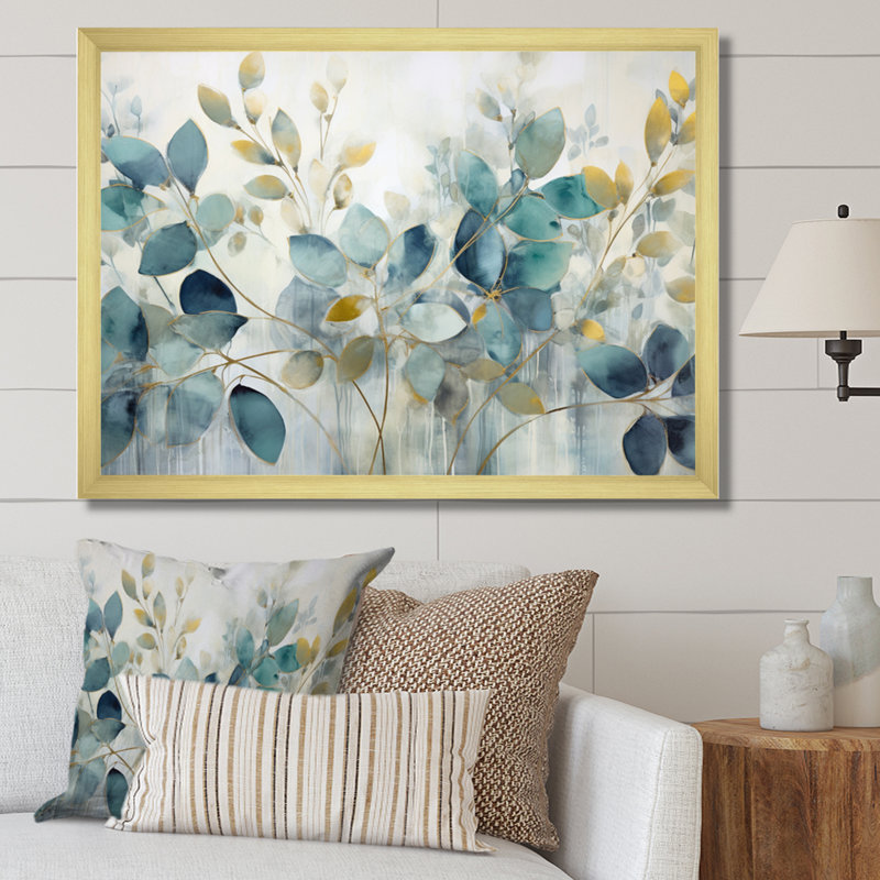 «Blue Botanical Rhythms II - Abstract Botanicals», art mural sur toile, H 12 po x l 20 po, Impression encadrée, Doré