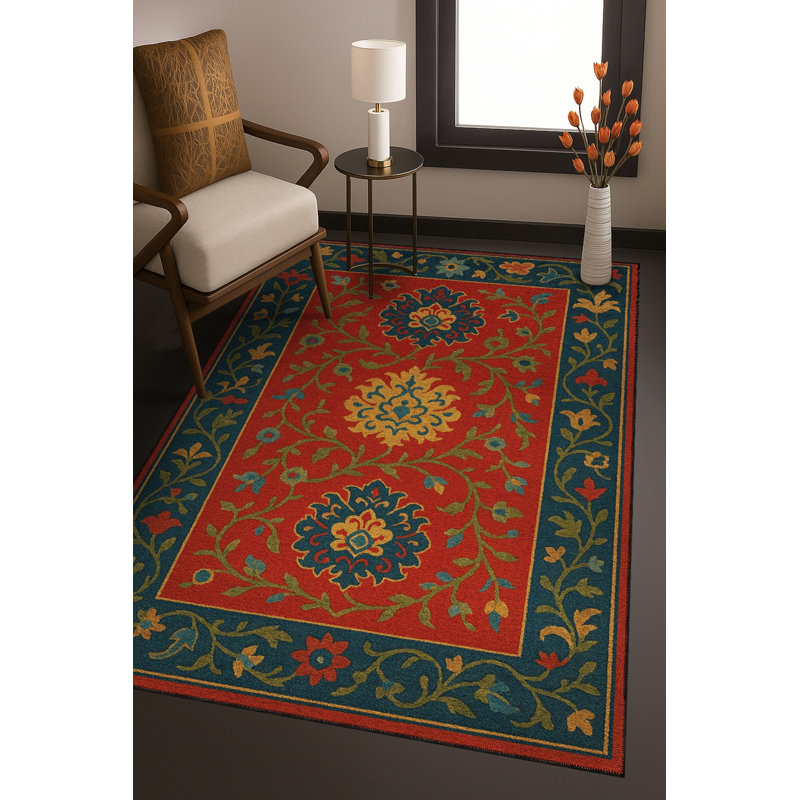 MOSSO Blue Ethnic Floral Vintage Washable Woven Backing Area Rug, 6'7" x 9'10"