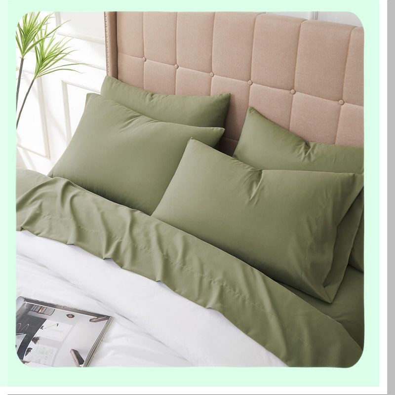 DeepPocket Luxe Sage Green Sheet Set - 6-Piece Premium Quality Bedding with Extra Deep Pockets, Easy Care, Shrinkage Free, Queen Size - Vilano Springs Collection