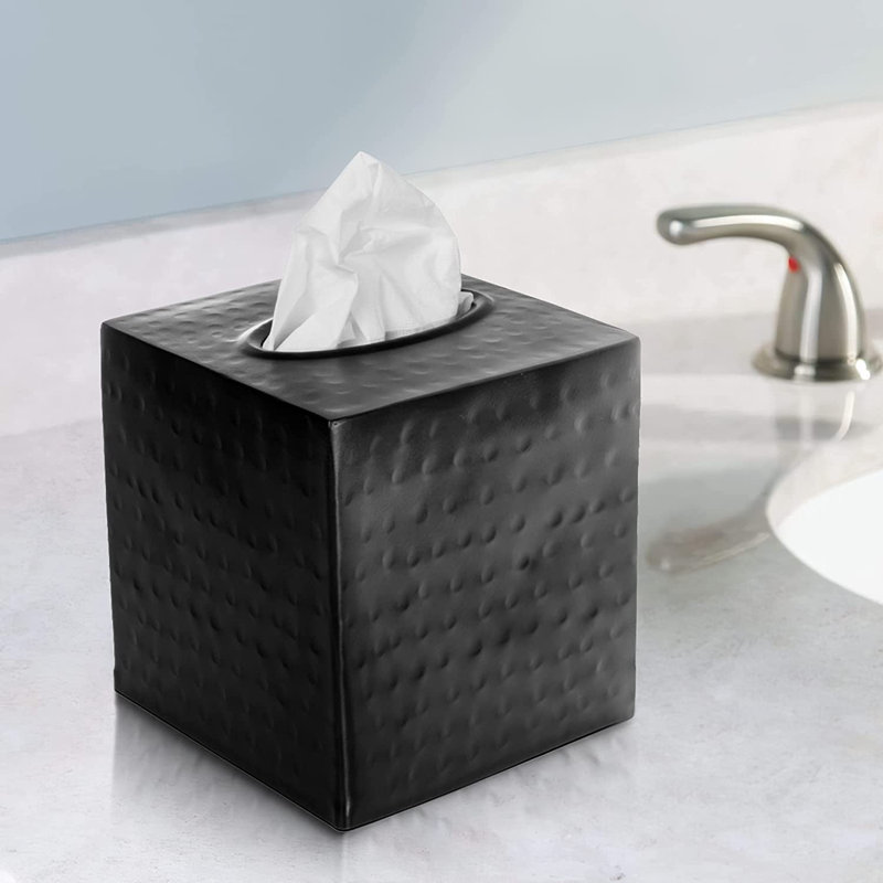 Hand Hammered Metal Tissue Box Cover, Matte Black