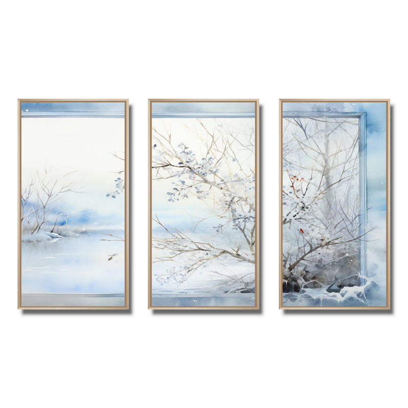 «Frosty Scenic Winter Landscape I», art mural paysage d'hiver, H 28 po x l 36 po x P 1 po, Cadre flottant brun