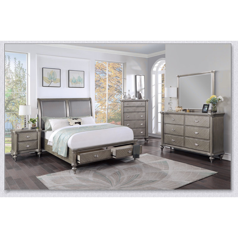 Commode 5 tiroirs Luxury Classic avec finition argent antique / champagne, beaucoup de rangement pour l'élégance et l'organisation de la chambre à coucher