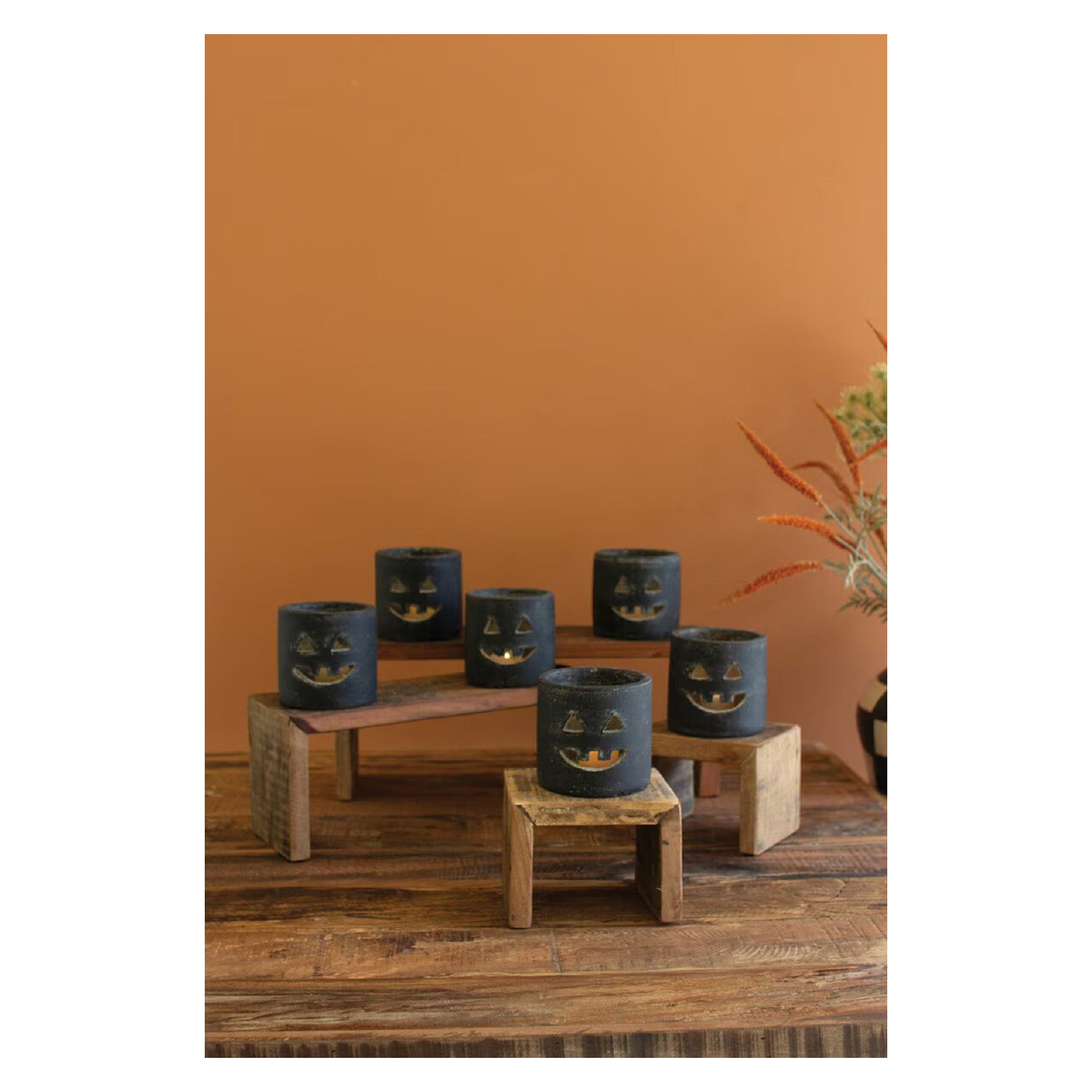 SHORT BLACK CLAY JACK-O-LANTERN, 4" H x 4" W x 4" D