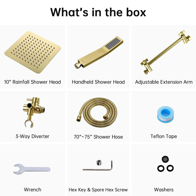 10" Dual Square Shower Head Combo, Rain Shower Head, 3-Way Diverter, 71" Extra Long Hose, Polished Brass