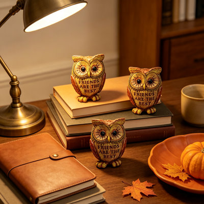 3-Piece Resin Owl Figurine Set, 5.5" Hand-Carved Wood-Look Sculptures with "FRIENDS ARE THE BEST" Engraving, Rustic Woodland Shelf Sitters for Home Office Desk & Bookshelf, Friendship Gift for Owl Lovers