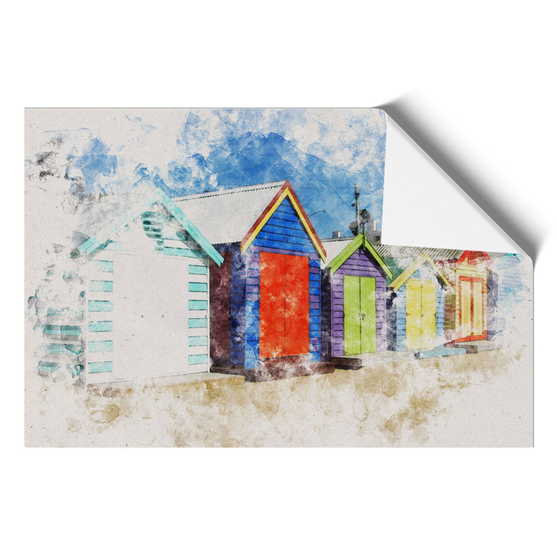 Colourful Beach Huts Watercolour - Frameless Print, 42cm H x 59cm W x 0.1cm D