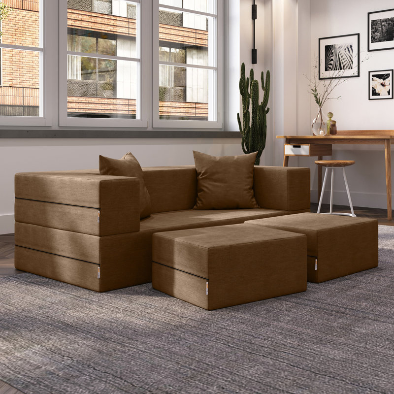 Shontae Zipline Convertible Compression Sleeper Loveseat, Ottomans & Pillows, Textured Microvelvet, Toffee