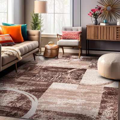 Tapis géométrique brun en polypropylène tissé à la machine Bionda