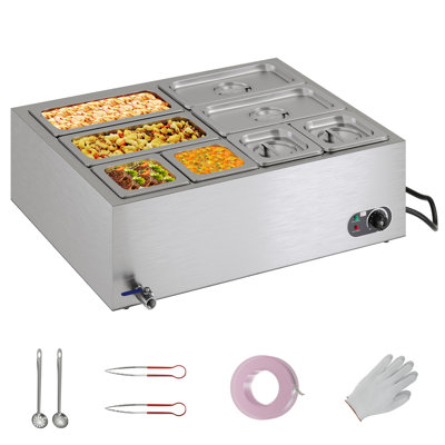 8-Pan Commercial Food Warmer, 48QT Electric Steam Table, 1200W Stainless Steel with Temp Control, Lid & Food Tongs for Catering and Parties, 110V