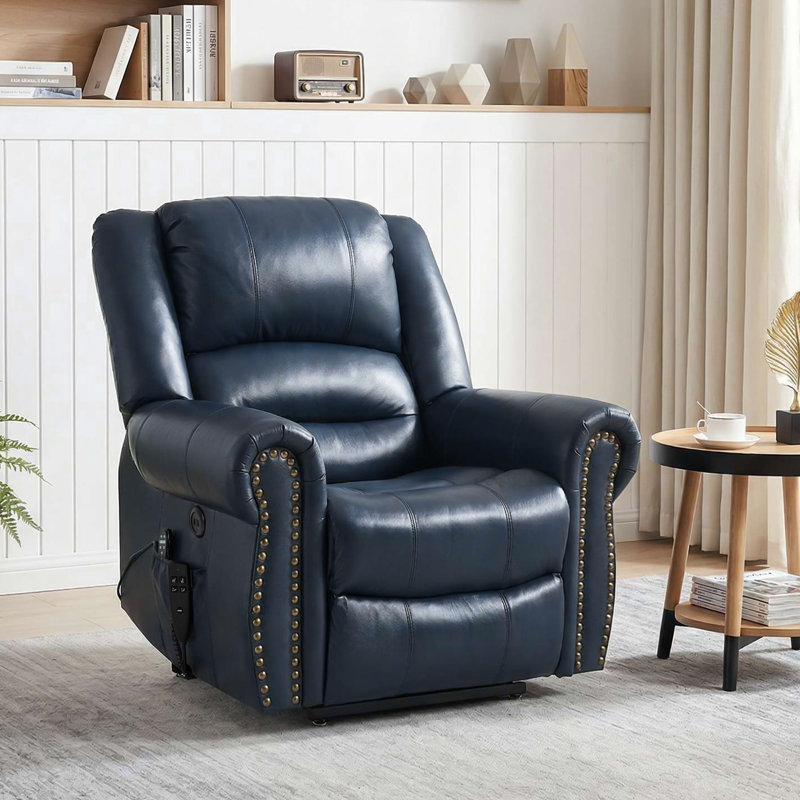 Aura 40" W Dual Motor Power Lift Recliner Infinite Position With Heat And Massage, Blue Genuine Leather