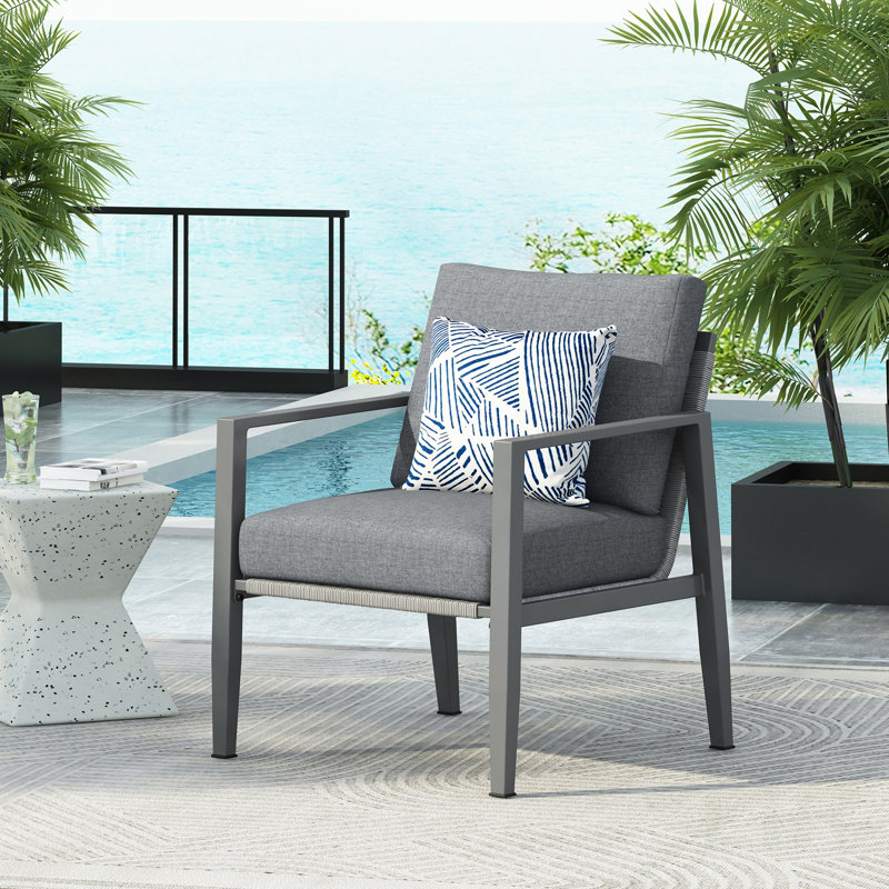 Gray Aluminum Lounge Chair With Sleek Rope Accents And Comfortable Cushions, Perfect For Modern Outdoor And Indoor Spaces, Chair