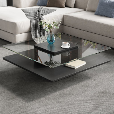 Table basse carrée avec plateau en verre et tablettes