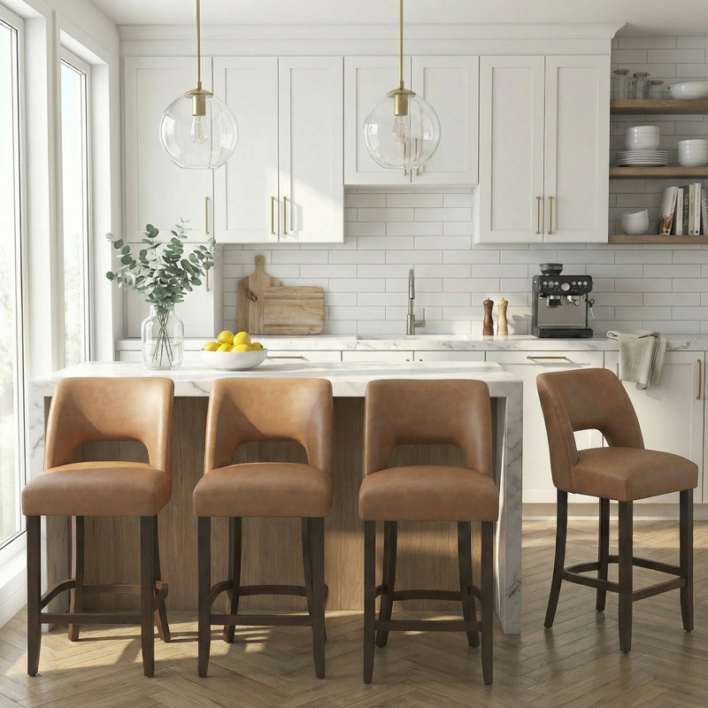  Bisto Faux Leather Upholstered Counter Height Bar Stool With Solid Wood Legs Set of 4, Brown, 4
