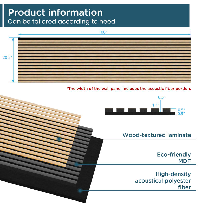 2pcs x "106 x 20.5" 3D Acoustic/Soundproof Wood Slat Wall Panels (set of 2/30.2 sq. ft.), White Oak