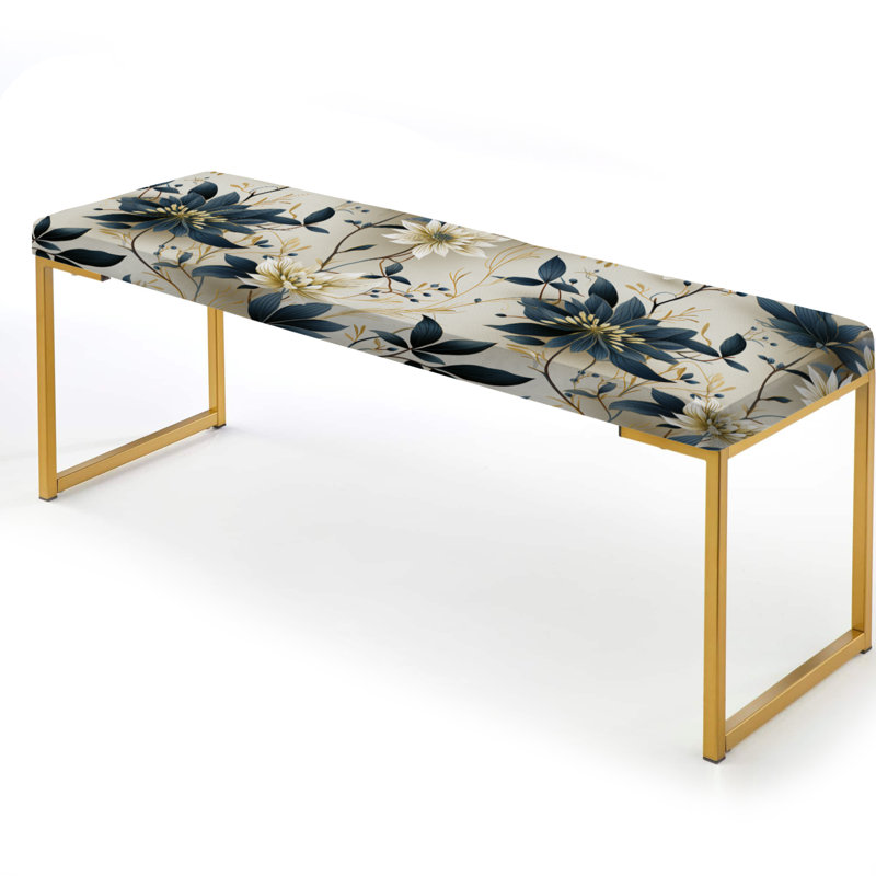 Floral Upholstered Gold Bench, Cream/Navy