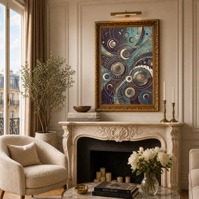 Tableau abstrait en toile représentant un cercle de phases lunaires turquoise et or