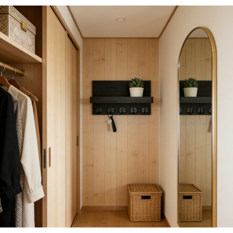 Porte-clés pour mur, porte-clés décoratif et porte-courrier avec tablette avec grands crochets pour les sacs, Noir