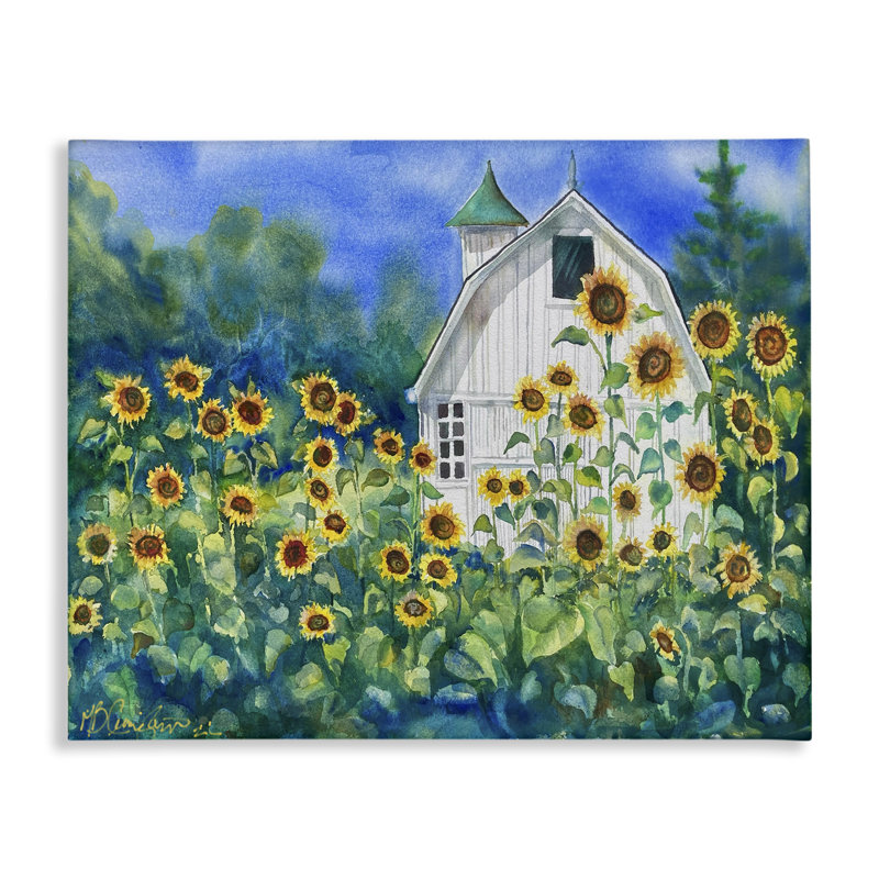 Tall Sunflowers and White Barn Canvas Wall Art