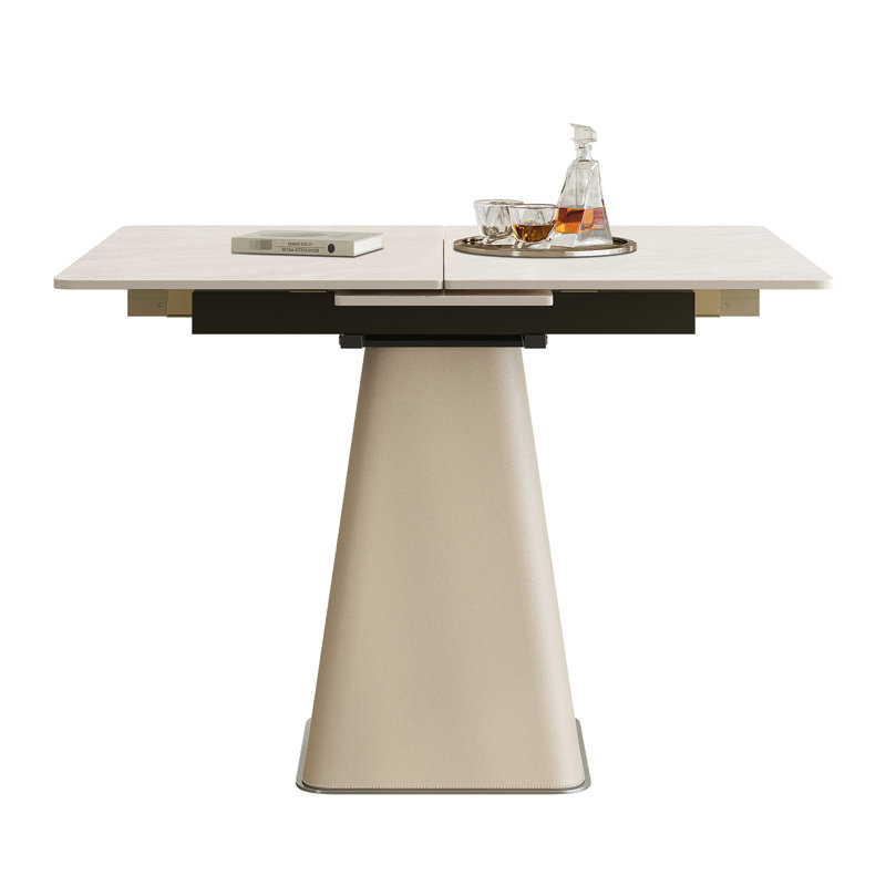 Table de salle à manger rétractable à dalle de roche pliante, table carrée extensible moderne avec base en acier inoxydable revêtue de cuir, table de cuisine à double usage pour les petits appartements