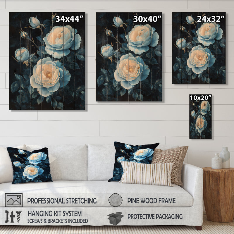 «Dark Aqua Roses Elegance At Night II», art mural en bois Roses, sur bois de pin naturel, H 20 po x l 10 po x P 0,78 po