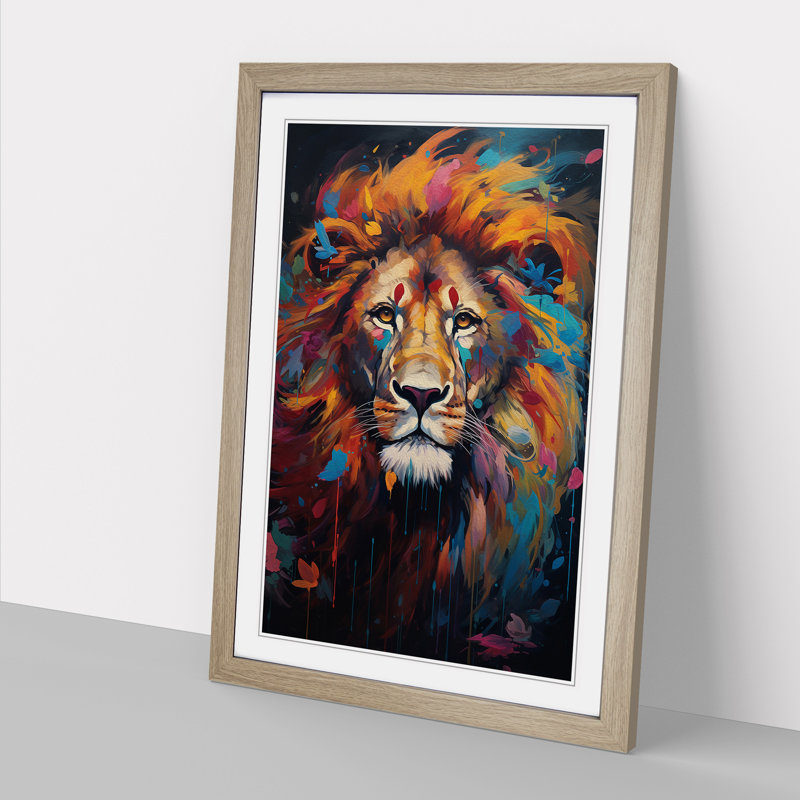 Lion Informel - Single Picture Frame Print on Wood, Oak Framed, 34cm H x 25cm W x 2cm D