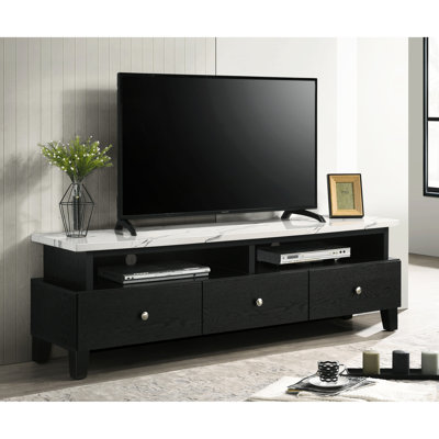Meuble télé moderne pour téléviseur de 60 à 69 pouces, plateau en imitation marbre, trois tiroirs, deux étagères, style contemporain, idéal pour le salon.