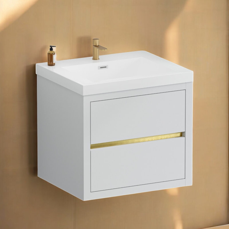 Meuble-lavabo mural simple 24 po avec plateau en résine Kaushal, Blanc lustré