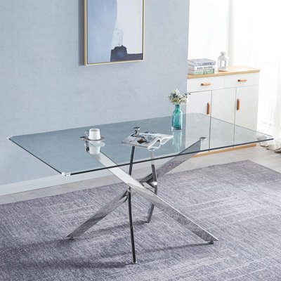 Table de salle à manger rectangulaire en verre trempé, design d'intérieur de salle à manger moderne