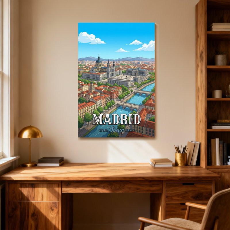 Paysages pittoresques et urbains, Madrid, Espagne, rivière, bâtiments, horizon, montagnes, H 30 po x l 20 po
