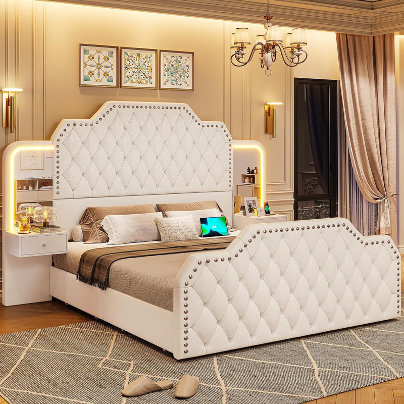  Karlton Platform Bed with Fabric Upholstered Headboard 4 Storage Drawers LED Tall Platform Bed Frame, Queen, White