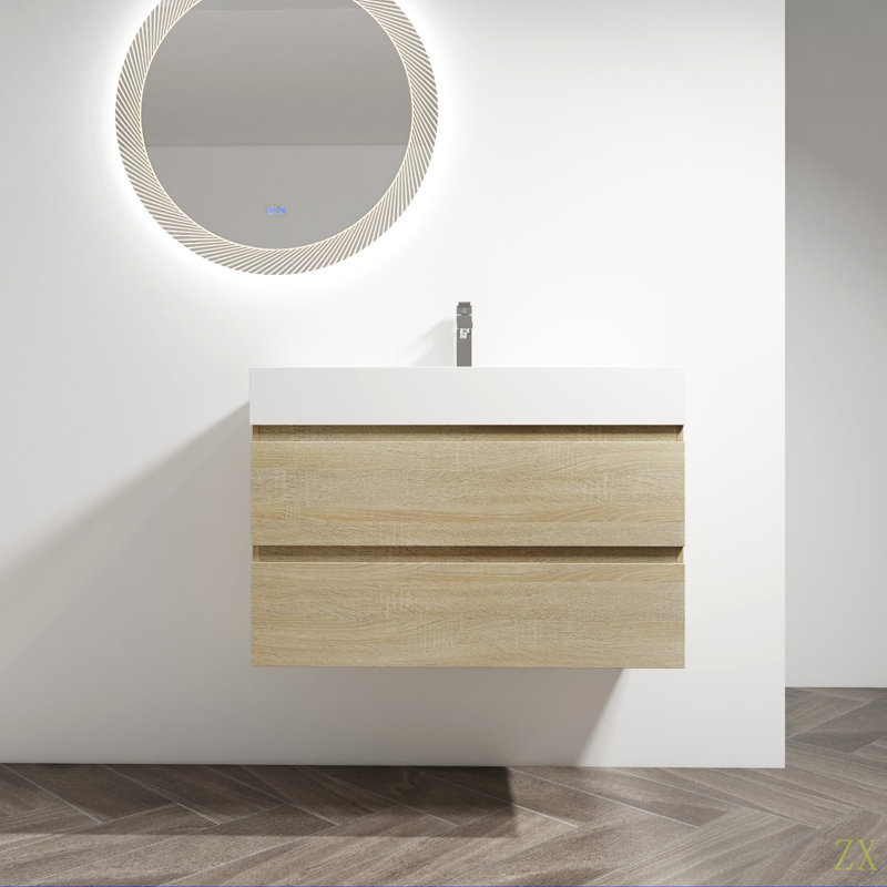 Meuble-lavabo mural 36 po avec lavabo en résine, 2 tiroirs à fermeture en douceur, ensemble KD, Chêne clair, 35"