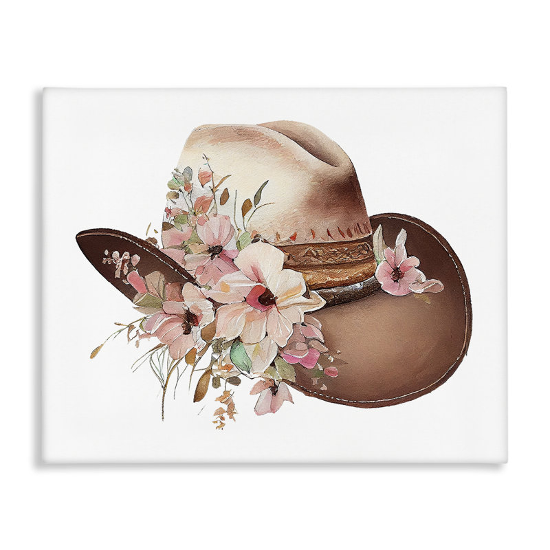 «Pink Floral Cowboy Hat», art mural sur toile par Birch & Ink, H 30 po x l 40 po