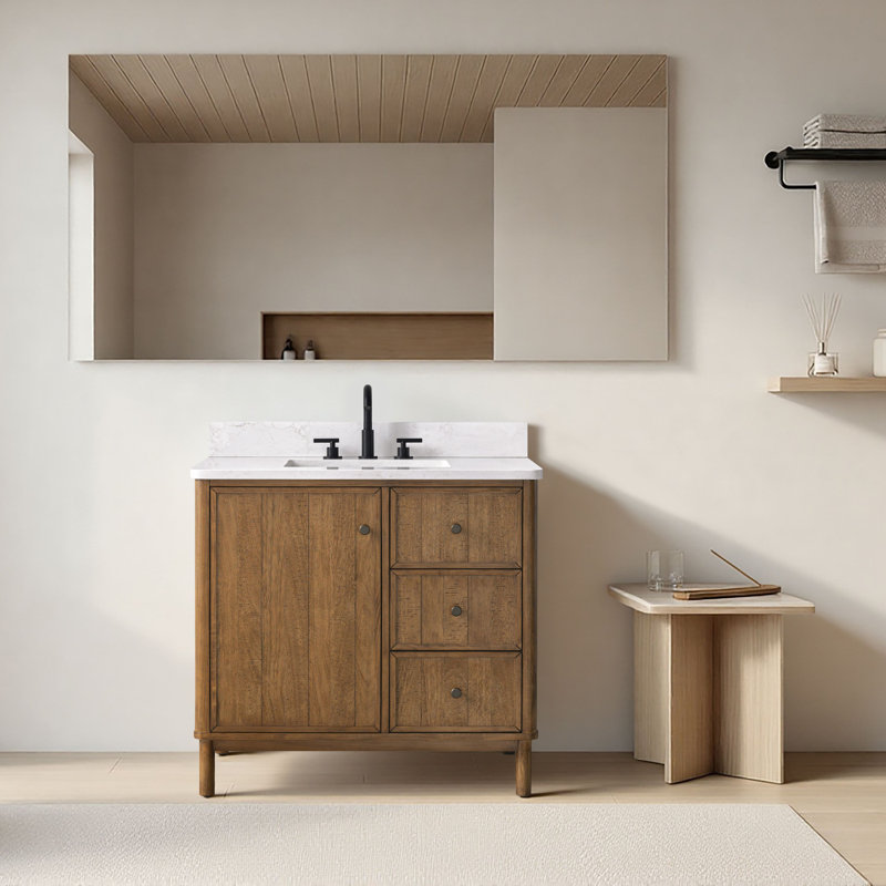 Meuble-lavabo sur pied à simple cuve 36 po avec plateau en pierre reconstituée, centrale électrique cachée, support de chargement USB et support pour sèche-cheveux Lugan 
