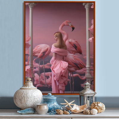 Dame rose avec flamants roses - reproduction d'art mural animal flamant rose