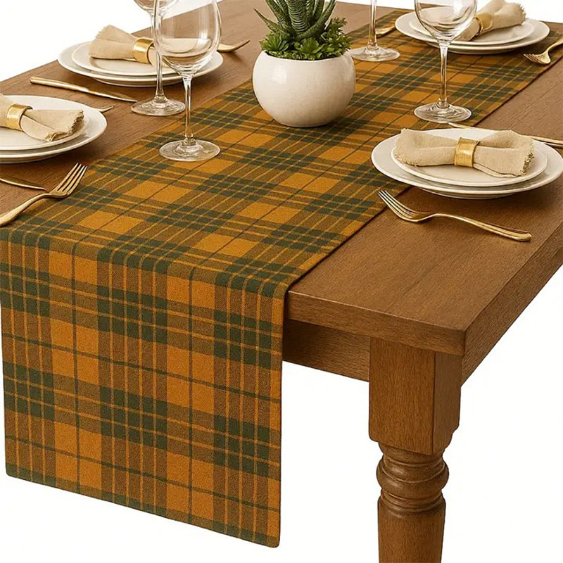 Green Rustic Tartan Plaid 16"x72" Table Runner, Yellow
