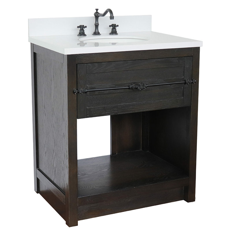 Zigler 31'' Single Bathroom Vanity with Top, Brown Ash, White Quartz