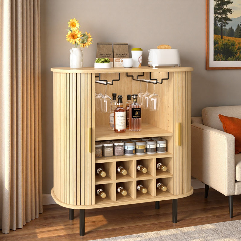 Fluted Wine Bar Cabinet With 8-grid Wine Rack, 5-level Adjustable Shelves, 2 Glass Holders, 4 Hidden Storage Space And Sliding Doors