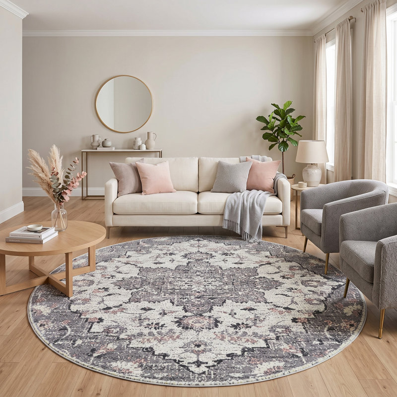 Tapis gris / rose clair Nieve, Rond 7 pi 6 po