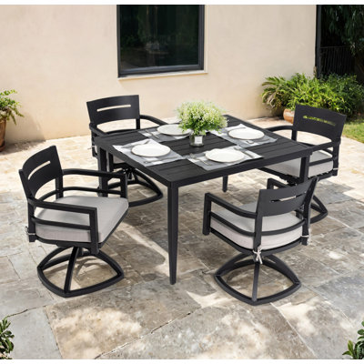 Ensemble de salle à manger d'extérieur en aluminium 5 pièces, table carrée de 40 pouces avec trou pour parasol et 4 chaises berçantes pivotantes avec coussins en tissu Sunbrella, mobilier moderne pour l'extérieur
