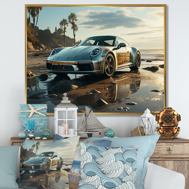 " German Car Beach Phtotography II ", Gold Single Picture Framed, 30" H x 40" W x 1.5" D