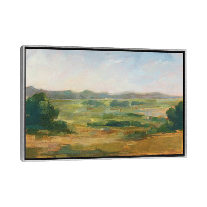 « Green Valley IV » par Ethan Harper, reproduction d’art, Pas de tapis, H 26 po x l 40 po x 1,5 po, Toile avec cadre argenté