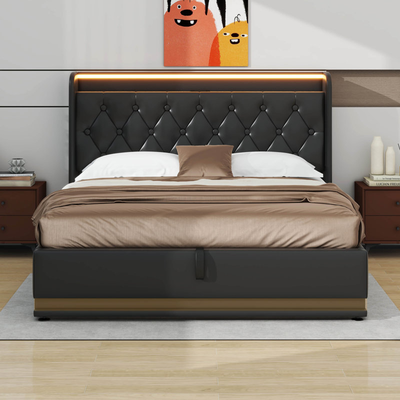 Upholstered Bed, 360 Surround LED Function, Buttons/Apps/Remote Control, Hydraulic Storage Bed With USB Type-C Charging