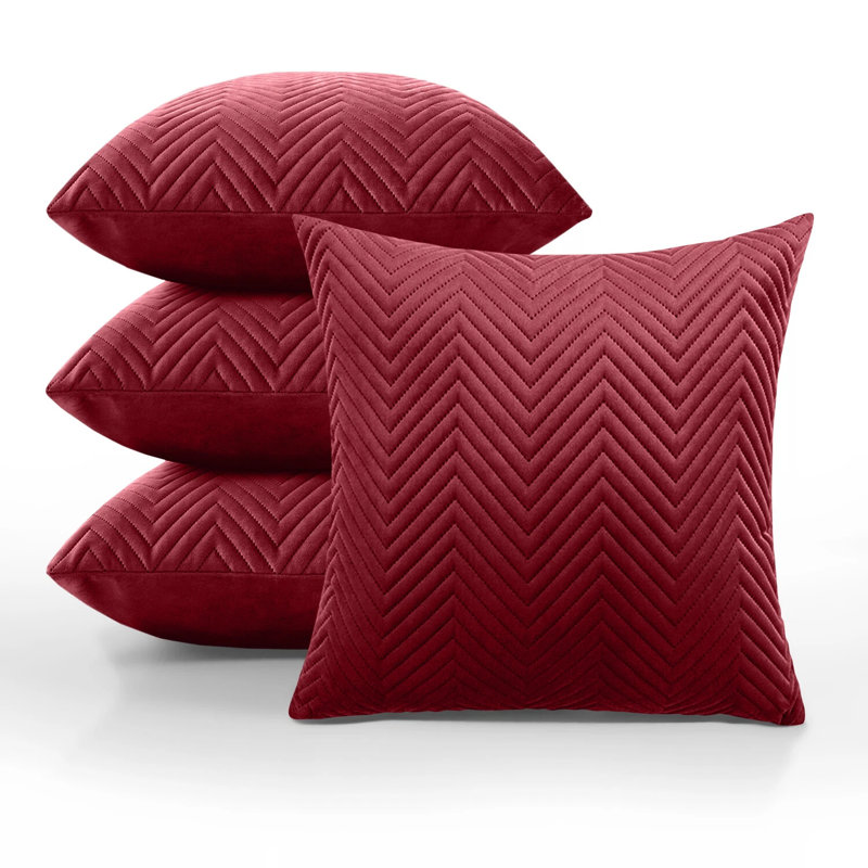 Luxury Chevron Embossed Quilted Pattern Velvet Cushion Cover Set (4-Pack) - Soft Throw Cushion Cover for Home Décor, Burgundy