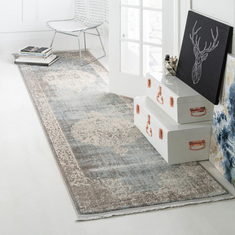 Teadora Gray/Light Blue/Ivory Area Rug, Runner 2'7" x 12'