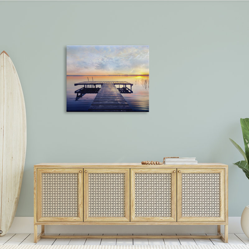 «Tranquil Lake Dock Sunset Nautical Summer Sanctuary», estampe numérique encadrée par Mike Calascibetta, H 30 po x l 40 po