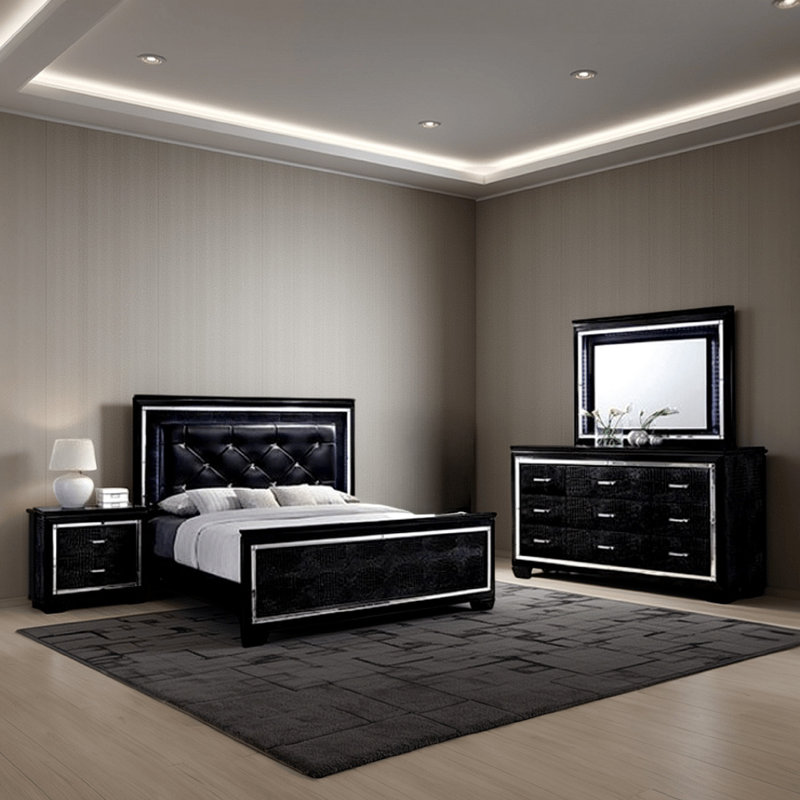 Ensemble de chambre avec très grand lit 4 pièces Kae, bordure DEL et miroir, texturé, noir, Très grand californien