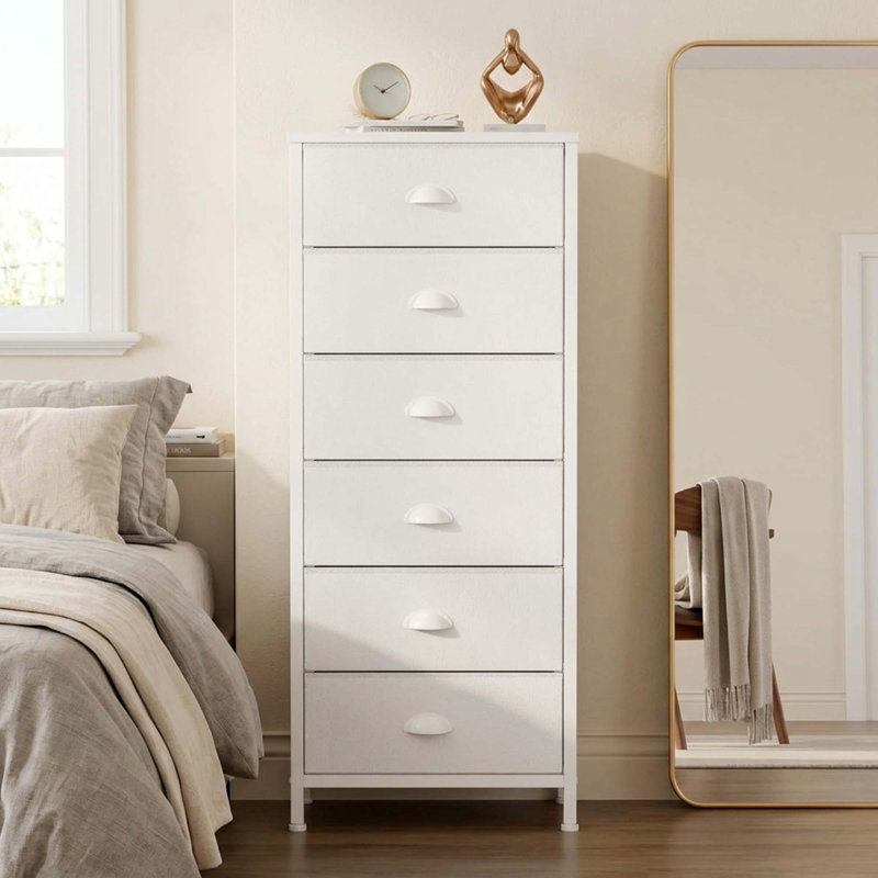 White Tall Dresser With 6 Fabric Drawers, Vertical Storage Tower For Bedroom, Living Room