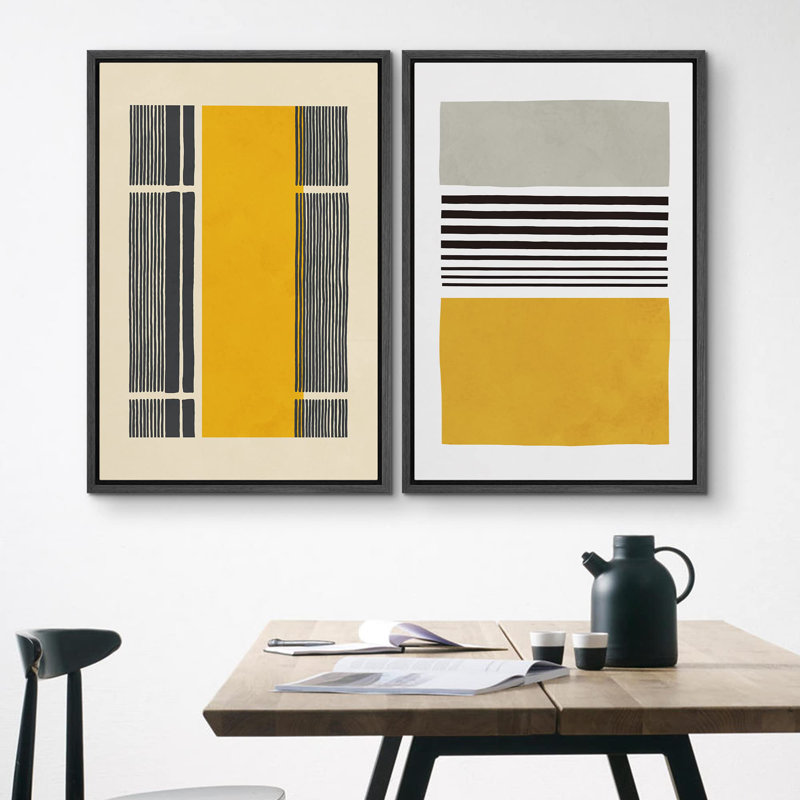 Jaune, noir, Mid-Century, blocs de couleur géométriques abstraits, art moderne bohème, calme, 2 pièces, Noir