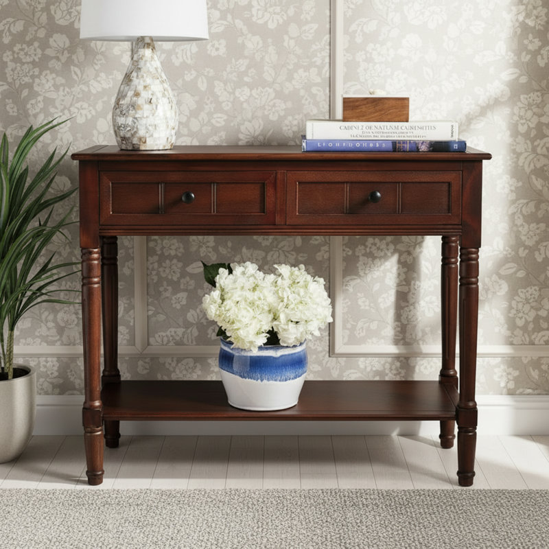 Double-Drawer Dark Cherry Wood Console Table